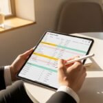 퇴근 후 카페에서 태블릿으로 자산 관리 일기를 쓰는 직장인